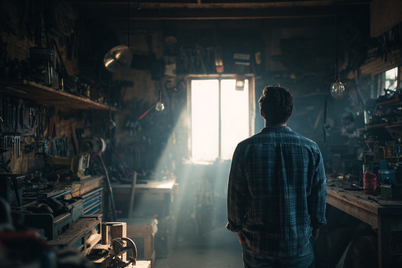 Un homme debout dans l'atelier de son père | Source : Midjourney