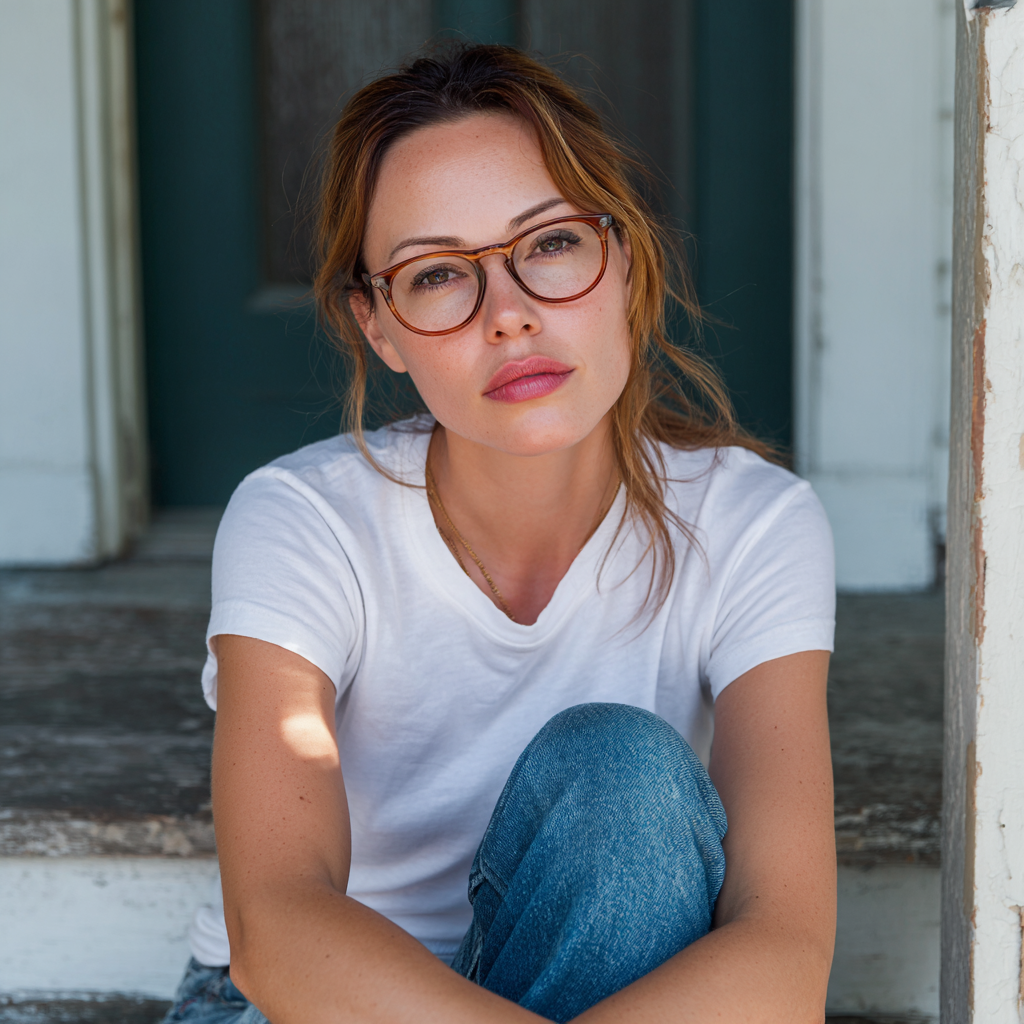 Une femme assise sur une marche de porche | Source : Midjourney