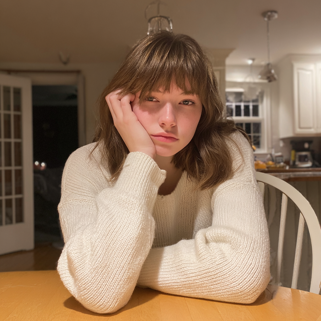 Une adolescente assise à une table à manger | Source : Midjourney