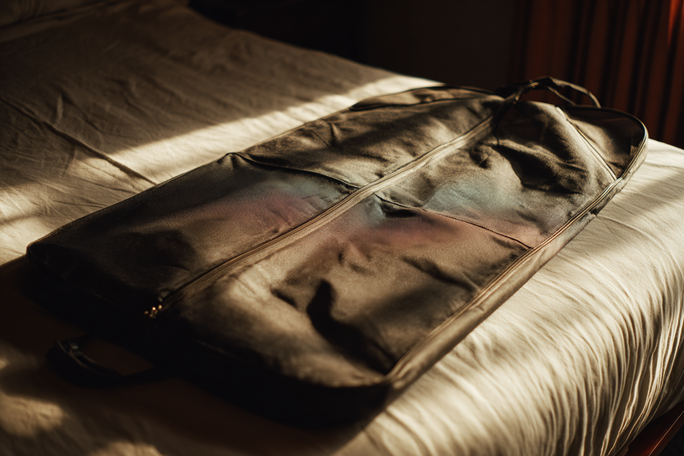 Un sac à vêtements noir sur un lit | Source : Midjourney