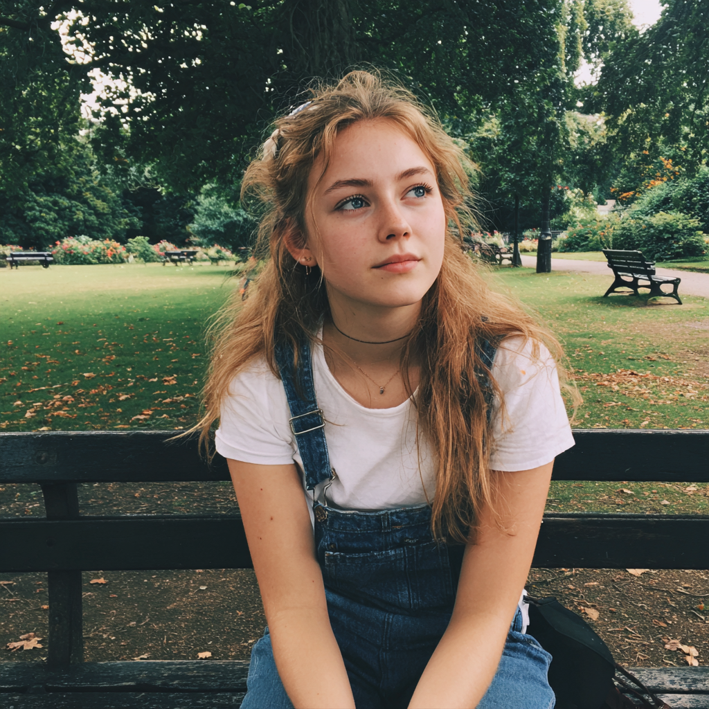 Une adolescente assise sur un banc public | Source : Midjourney