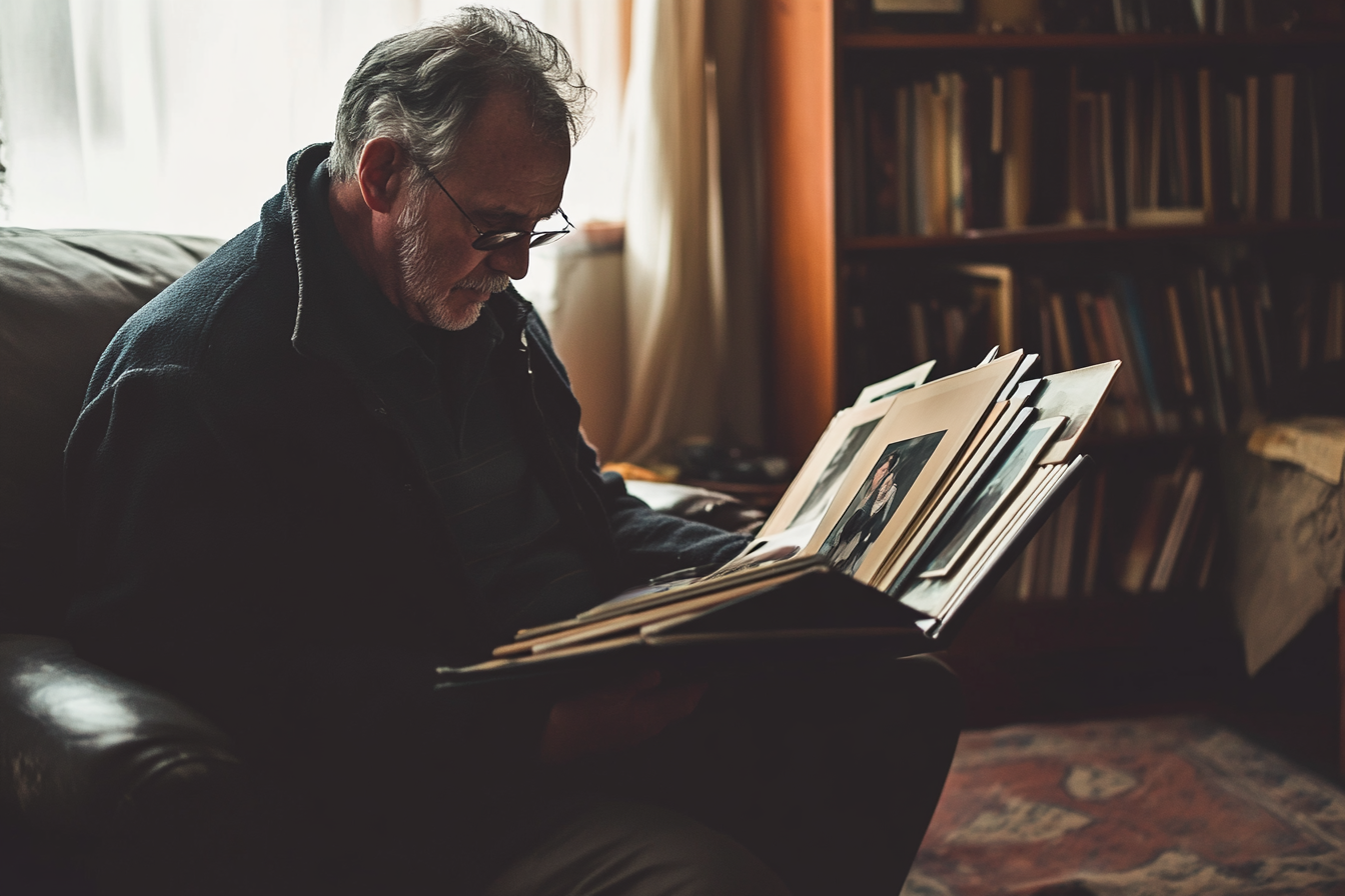 Un homme regardant des albums de photos | Source : Midjourney