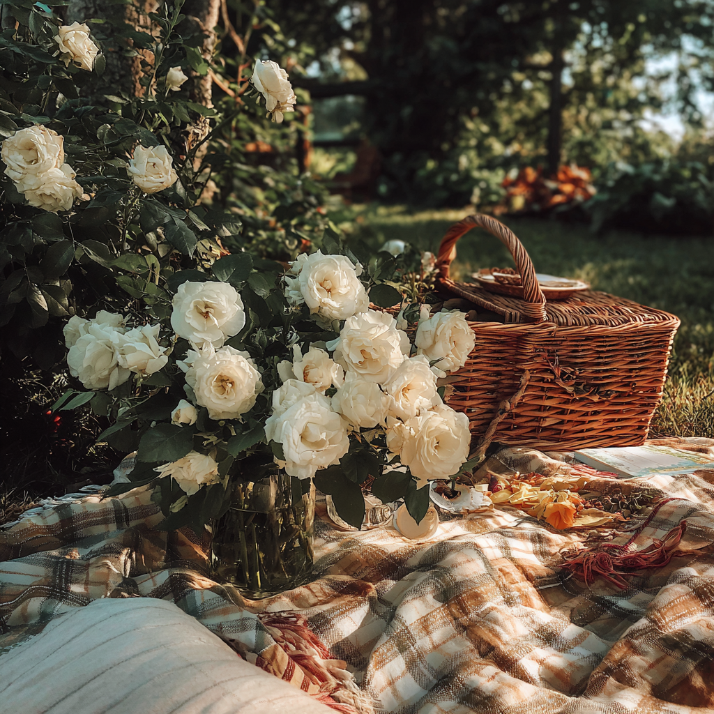Un vase de roses blanches sur une couverture de pique-nique | Source : Midjourney