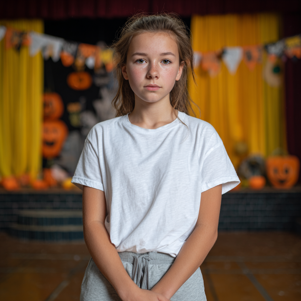 Une jeune fille triste debout dans un hall d'école | Source : Midjourney