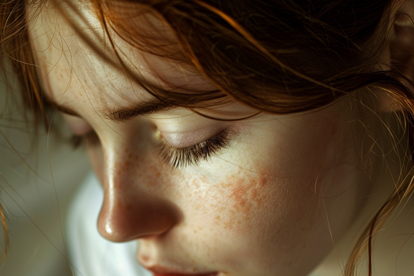 Un gros plan d'une femme qui regarde vers le bas, en pensant | Source : Midjourney