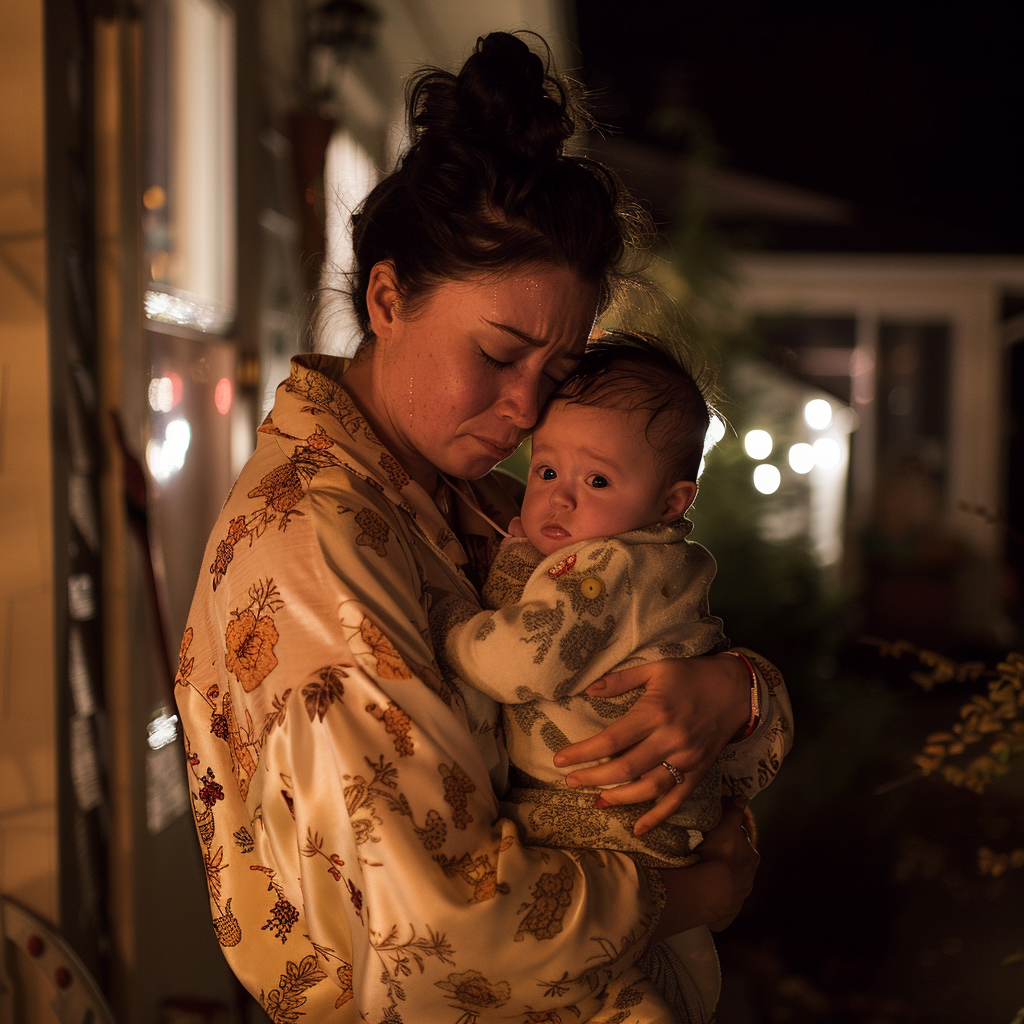 Une femme effrayée et bouleversée se tenant à l'extérieur d'une maison avec son petit fils tard dans la nuit | Source : Midjourney