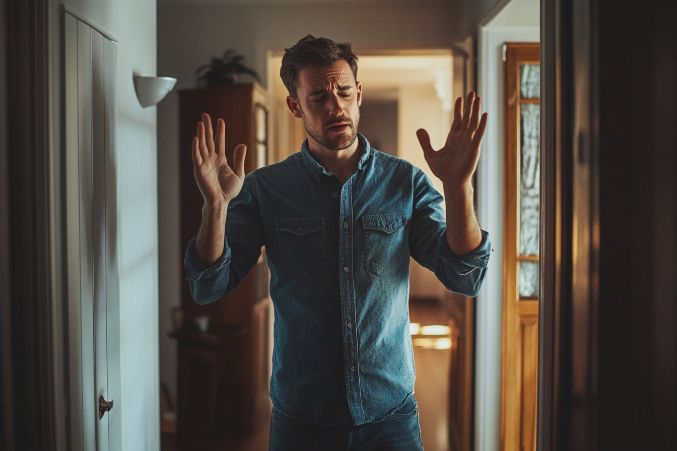 Un homme debout dans un couloir parlant à quelqu'un | Source : Midjourney