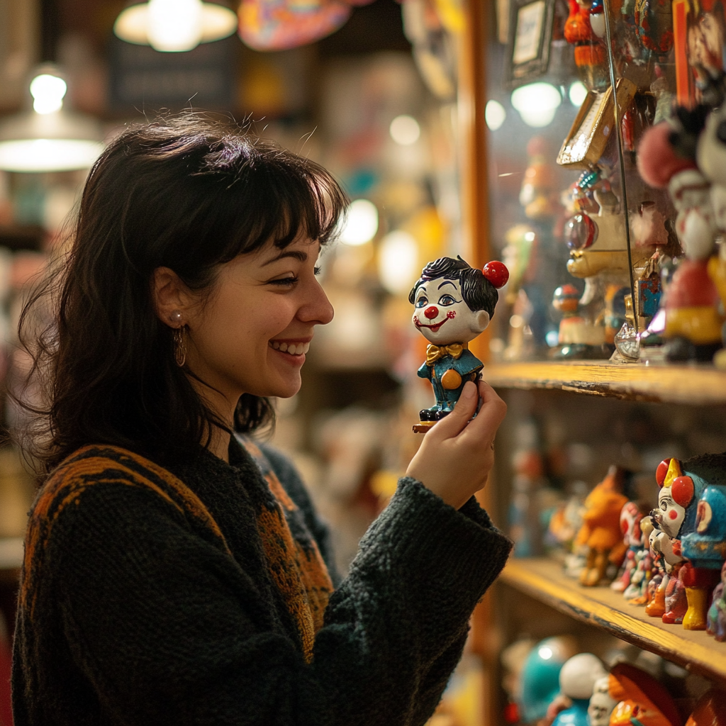 Une femme sourit en voyant une figurine de clown dans un magasin. | Source : Midjourney