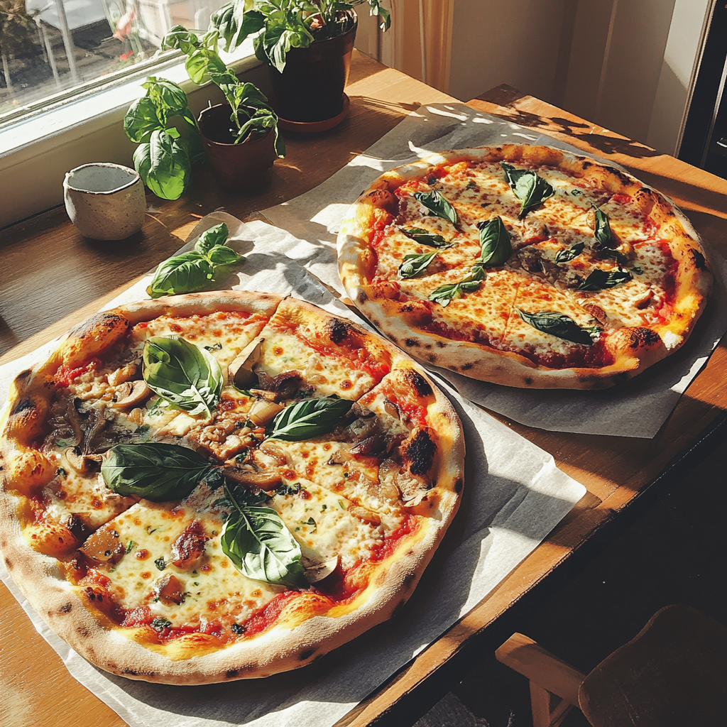 Deux grandes pizzas maison sur une table | Source : Midjourney