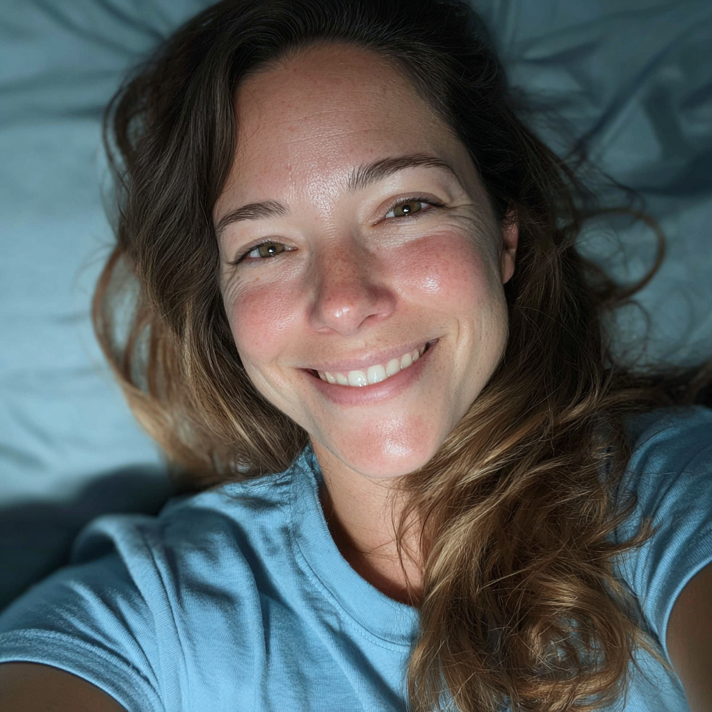 Une femme qui sourit dans son lit | Source : Midjourney