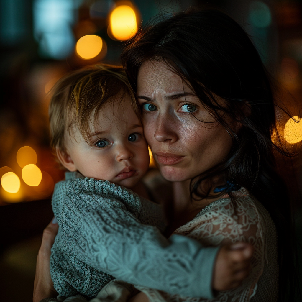 Une femme en détresse qui s'accroche à son petit fils | Source : Midjourney
