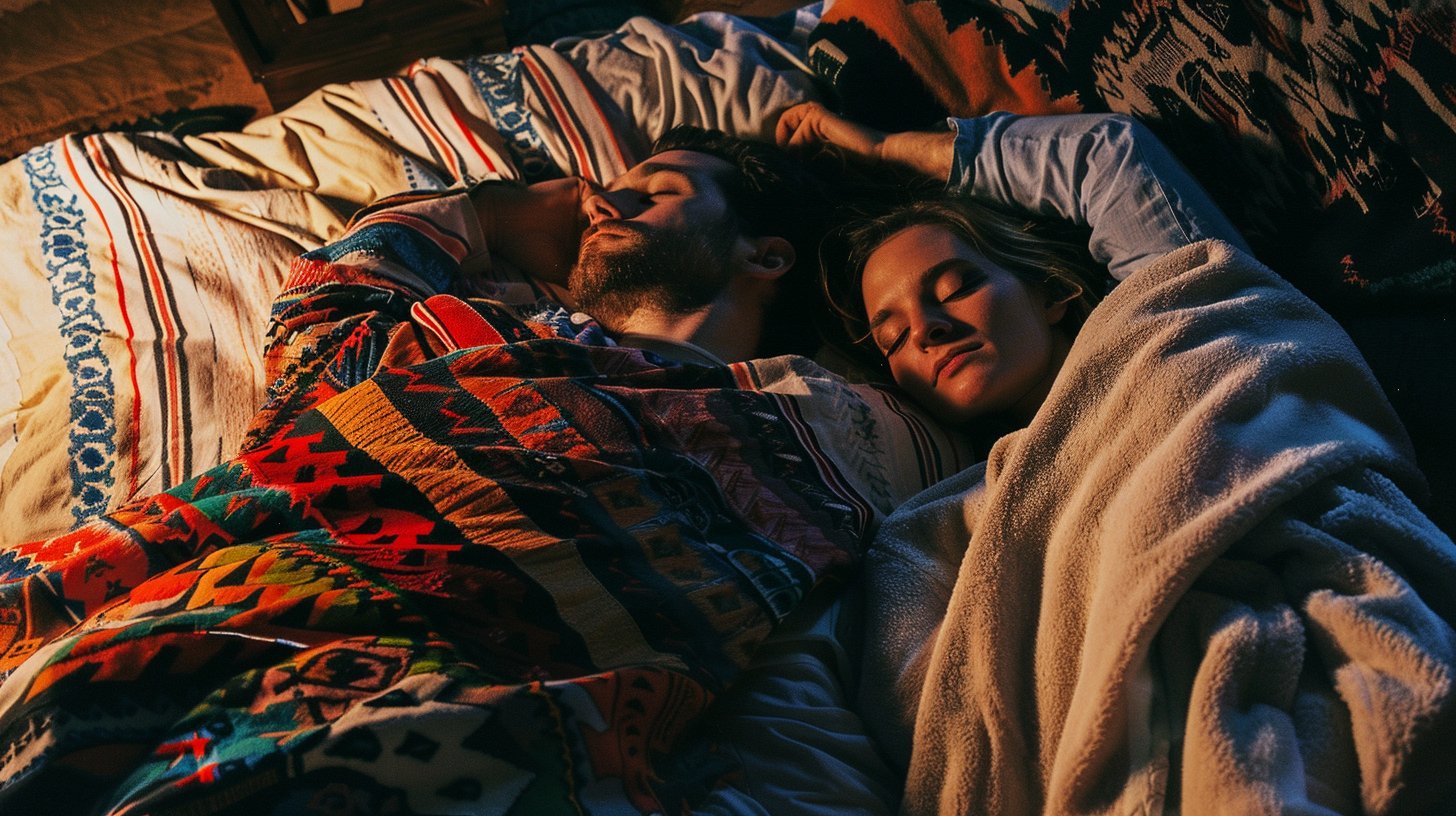 Un couple qui dort dans un lit d'hôtel | Source : Midjourney