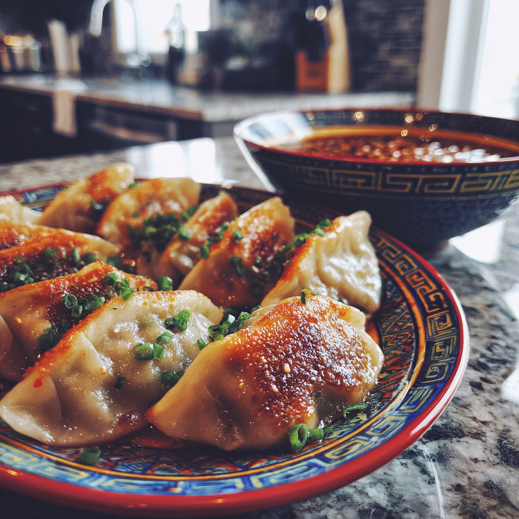 Une assiette de potstickers frais sur un comptoir | Source : Midjourney