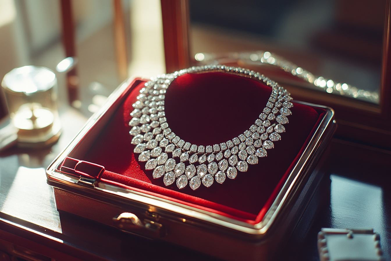 Un gros collier de diamants tape-à-l'œil sur une boîte en velours dans un meuble-lavabo | Source : Midjourney