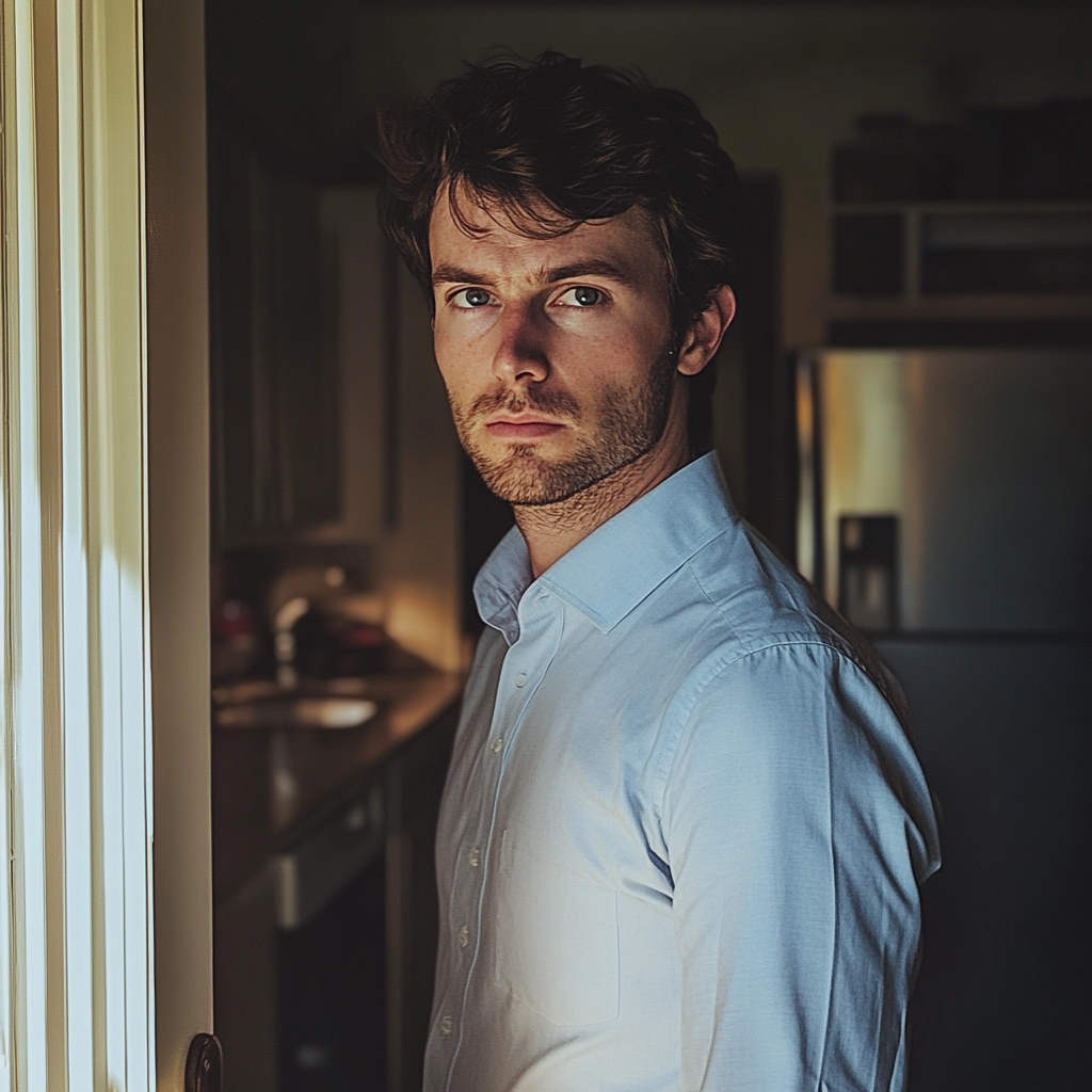 Un homme inquiet se tenant dans une cuisine et portant une chemise formelle | Source : Midjourney