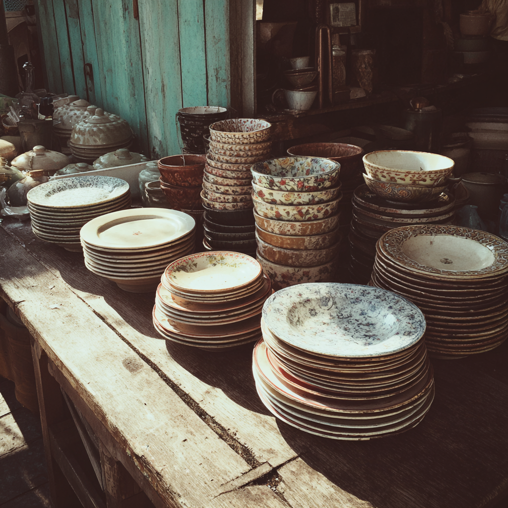 Des piles d'assiettes sur une table en bois | Source : Midjourney
