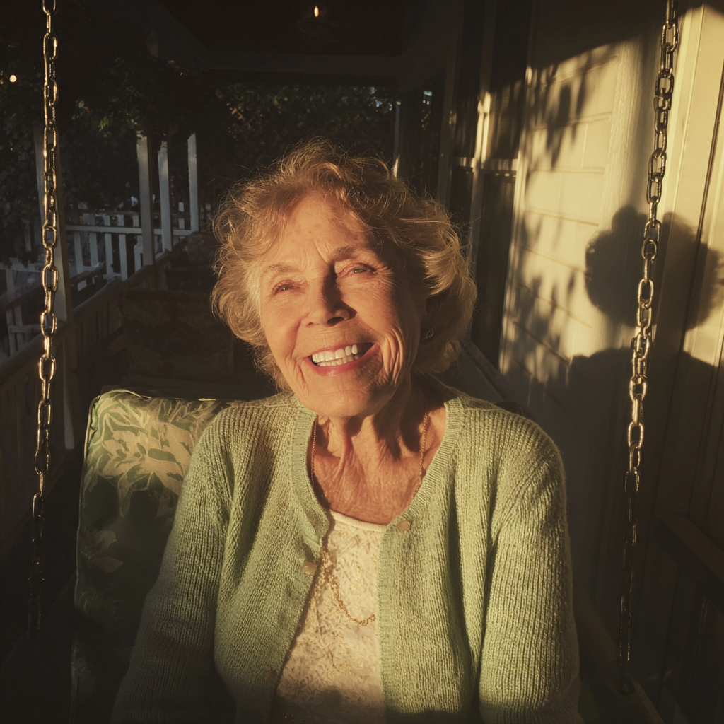 Une vieille femme souriante assise sur une balançoire de porche | Source : Midjourney