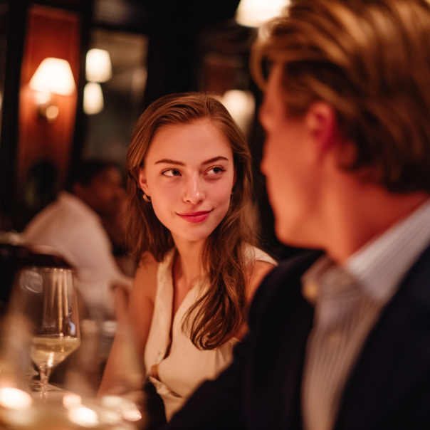 Une femme qui regarde son petit ami avec douceur lors d'un rendez-vous | Source : Midjourney
