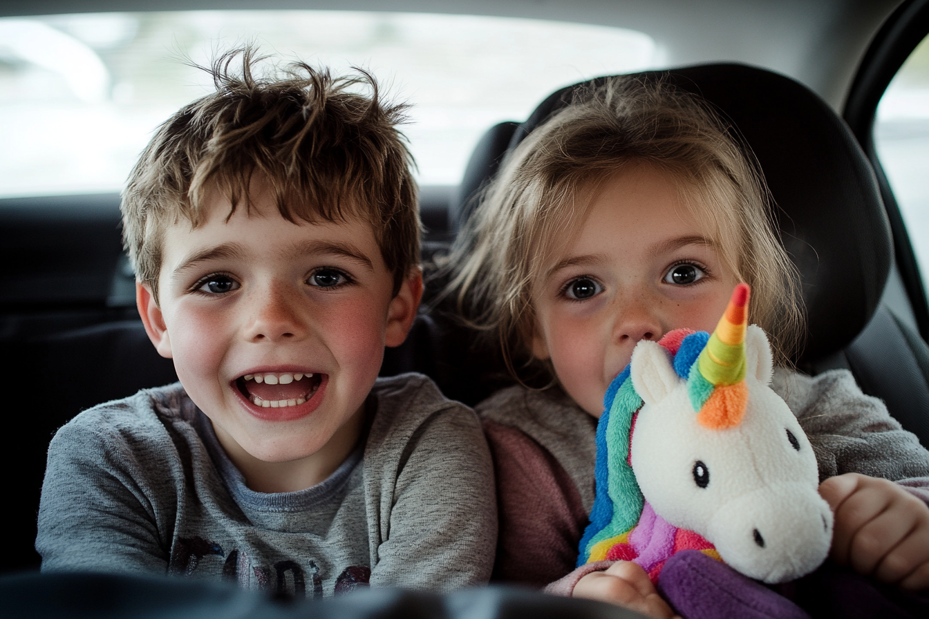 Deux enfants qui parlent sur le siège arrière d'une voiture | Source : Midjourney