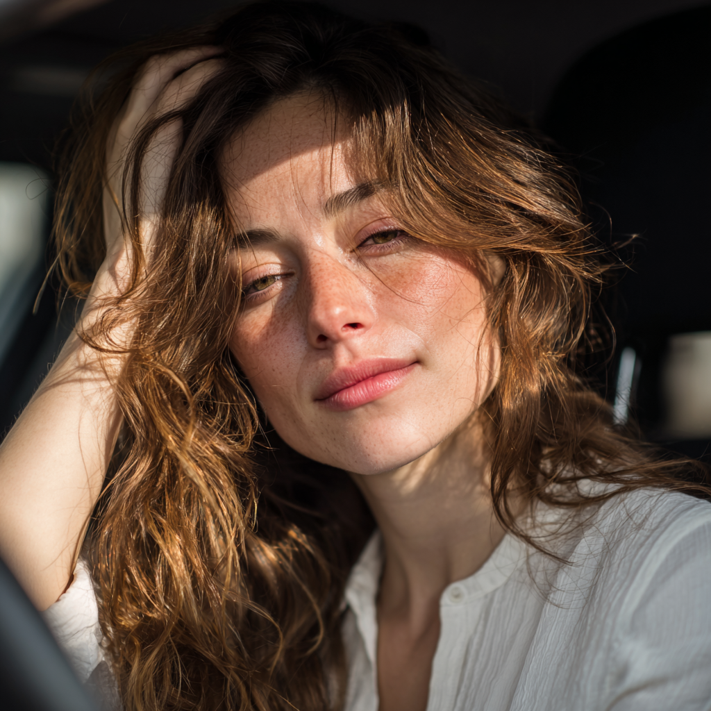 Une femme émotive assise dans une voiture | Source : Midjourney