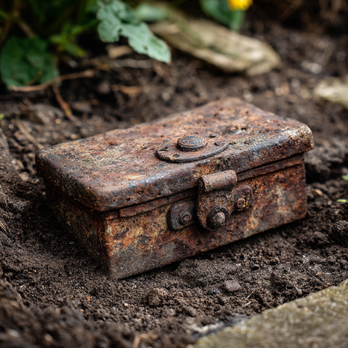 Une petite boîte en fer rouillée reposant sur le sol dans un jardin domestique | Source : Midjourney