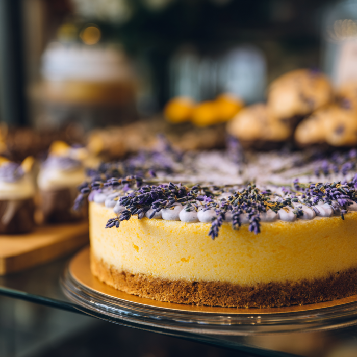 Gros plan sur un gâteau au citron et à la lavande | Source : Midjourney