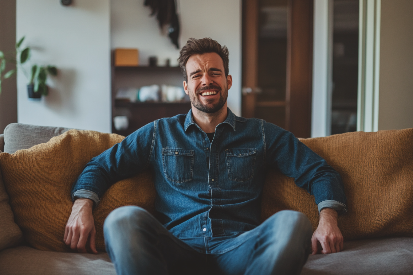 Un homme amusé assis sur un canapé | Source : Midjourney