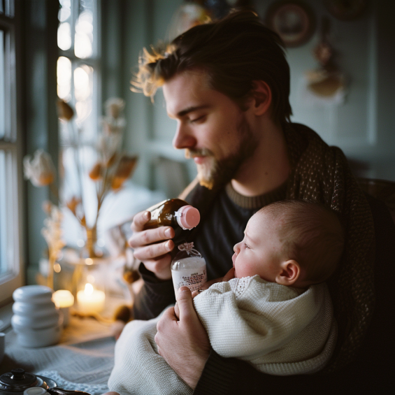 Un homme tenant un bébé tout en essayant de préparer son biberon | Source : Midjourney