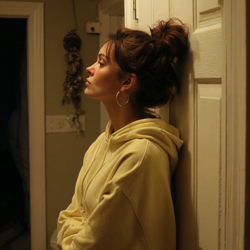 Une femme debout dans l'embrasure d'une porte, les bras croisés | Source : Midjourney