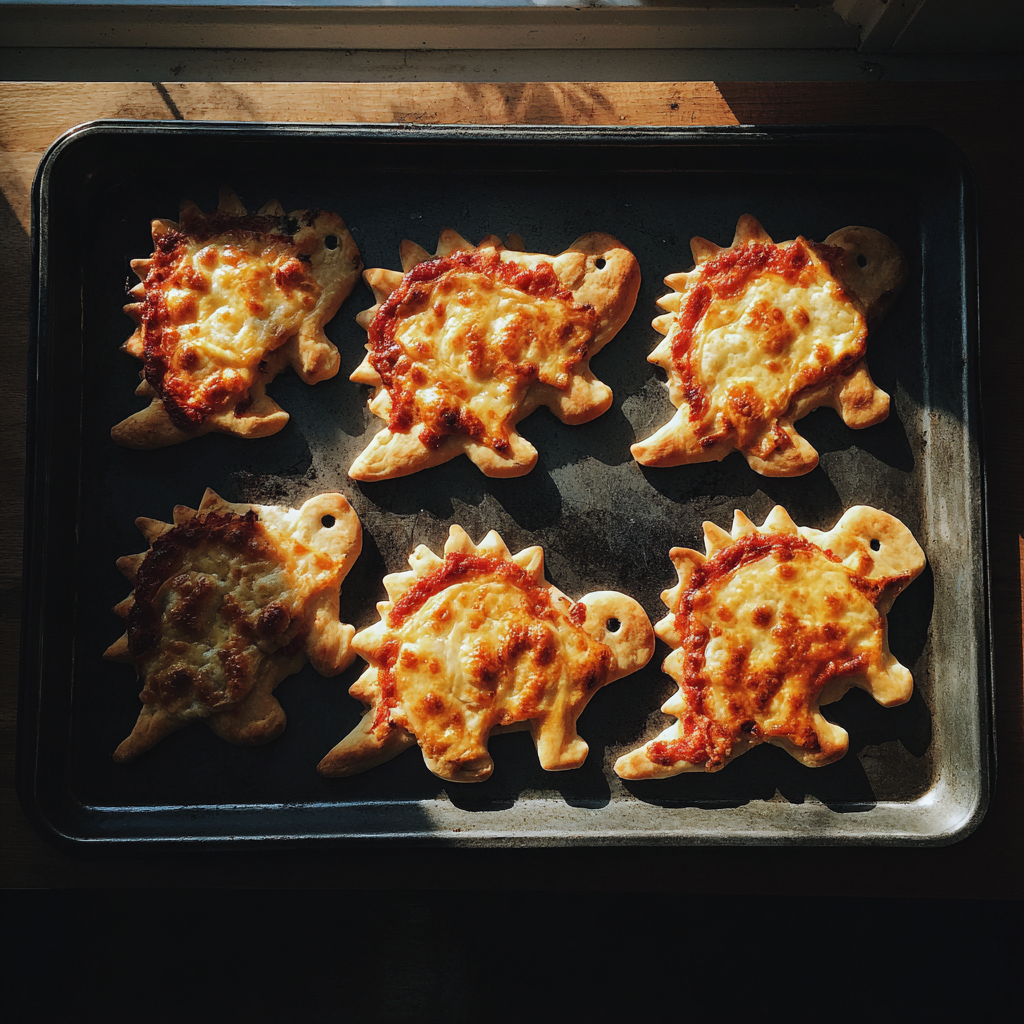Des mini-pizzas en forme de dinosaures sur un plateau | Source : Midjourney