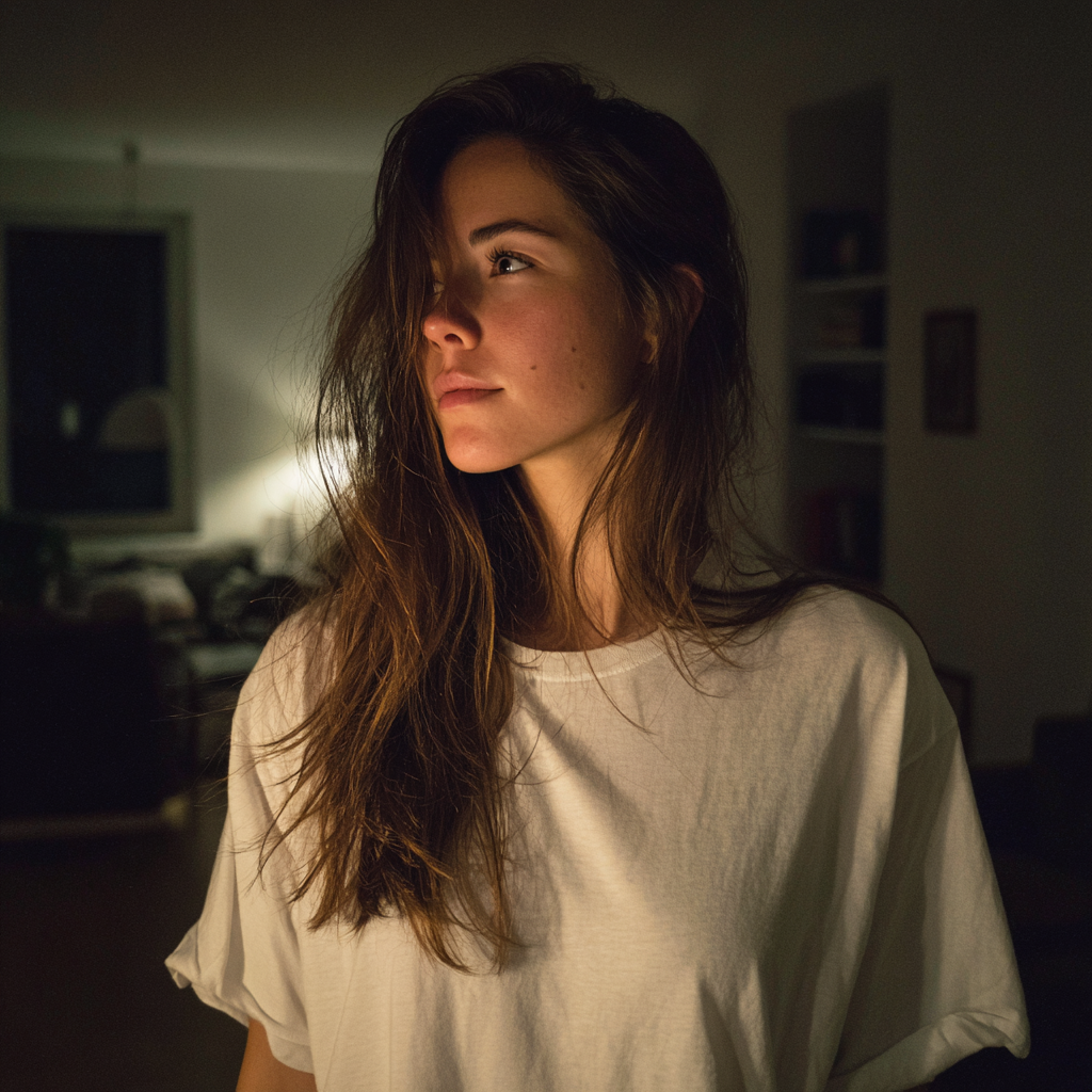 Une femme pensive portant un t-shirt blanc | Source : Midjourney