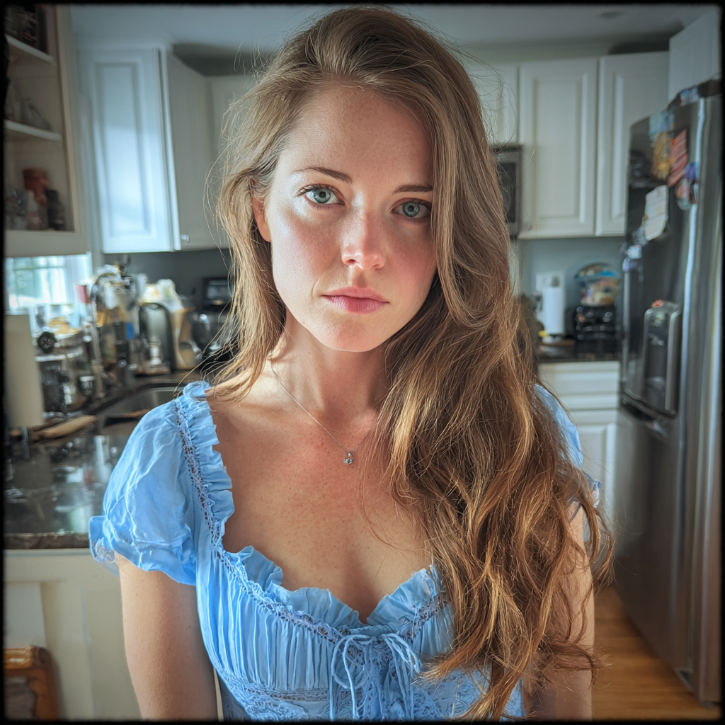 Gros plan sur une femme pensive en robe bleue | Source : Midjourney