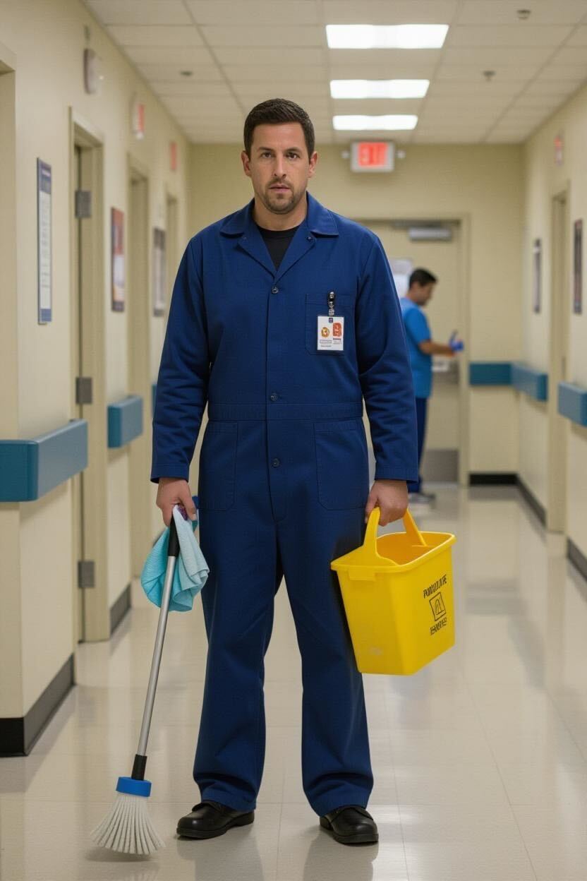 Une image générée par l'IA d'Adam Sandler en concierge | Source : Grok
