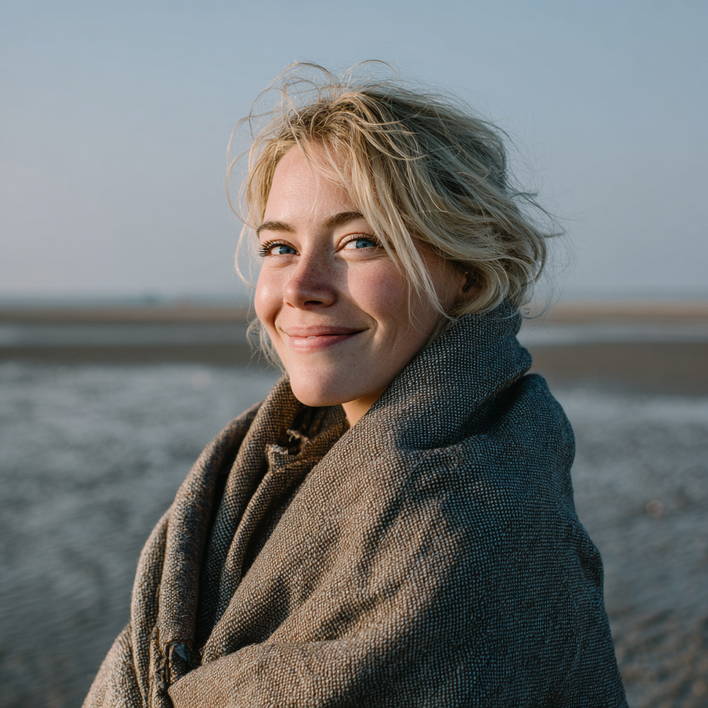 Une femme souriante debout à la plage | Source : Midjourney