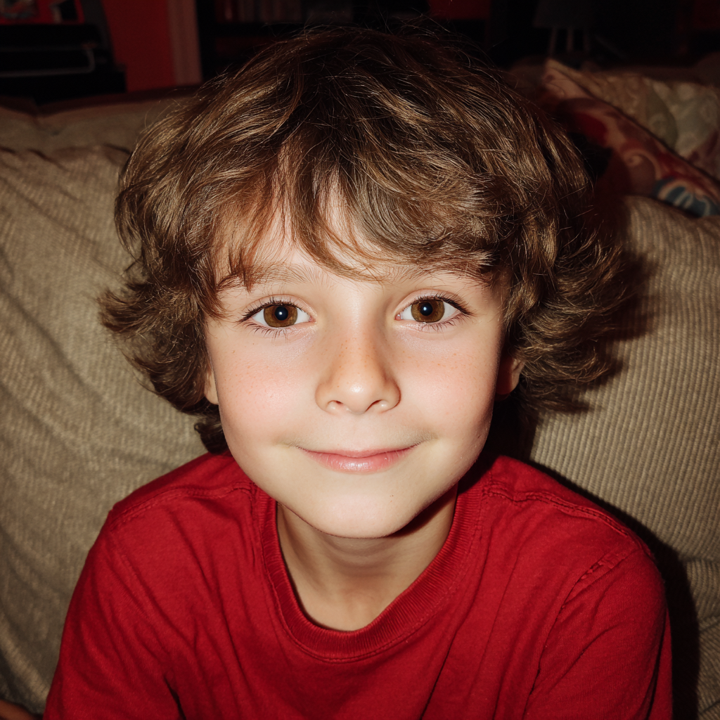 Un petit garçon souriant assis sur un canapé | Source : Midjourney