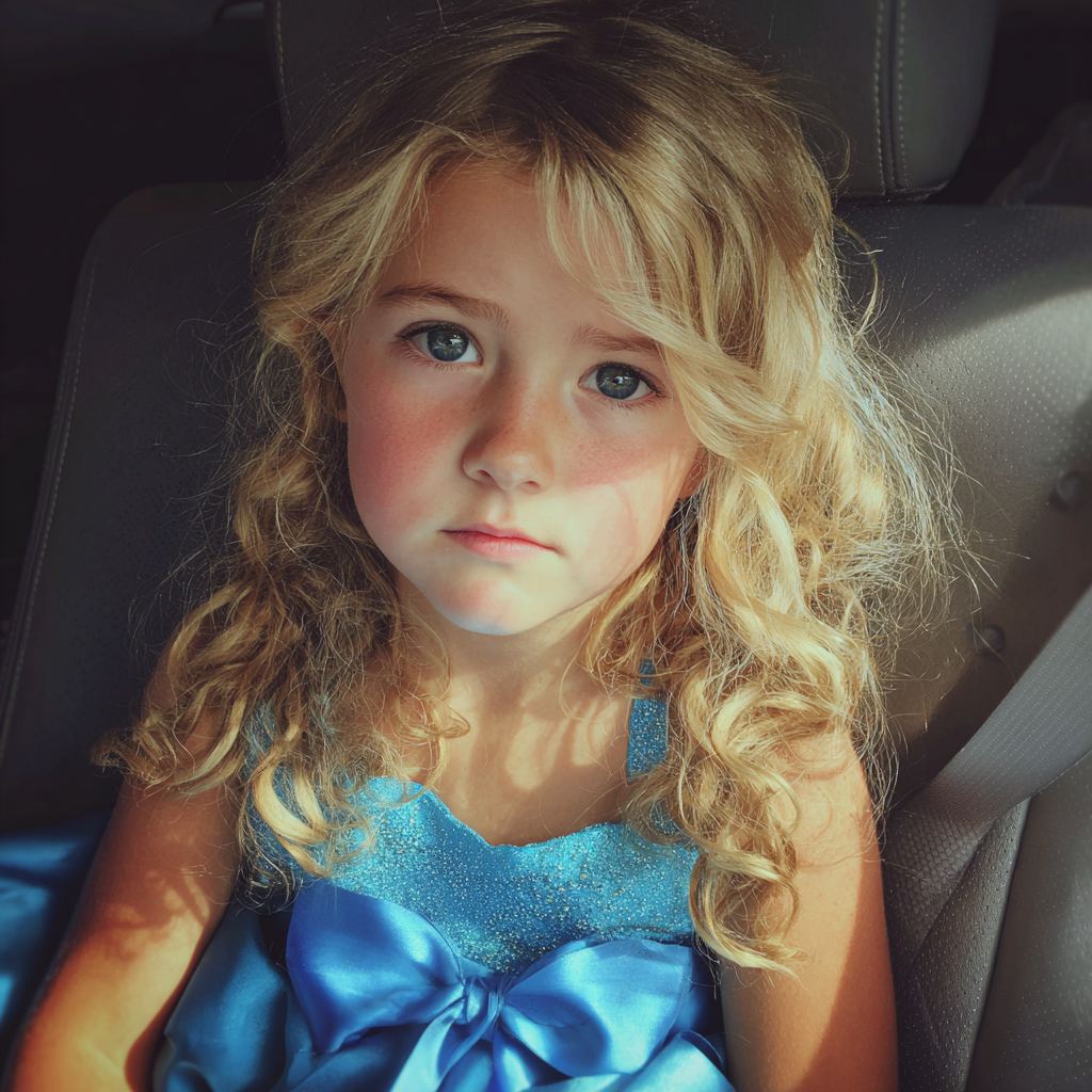 Une petite fille triste assise dans une voiture | Source : Midjourney