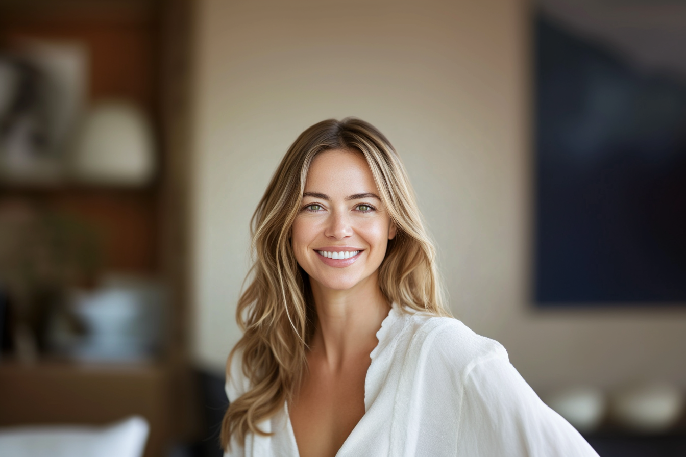 Une femme debout dans un salon, souriante | Source : Midjourney