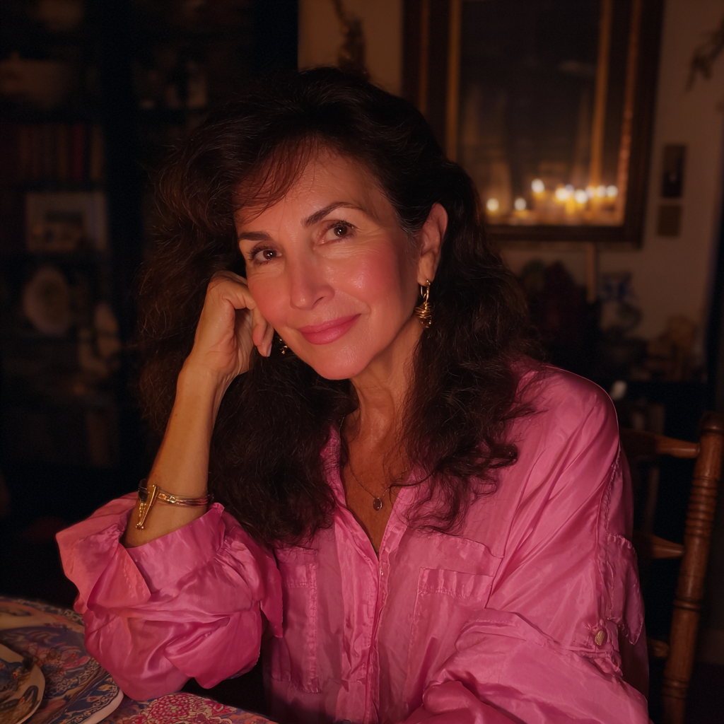 Une femme souriante assise à une table de dîner | Source : Midjourney