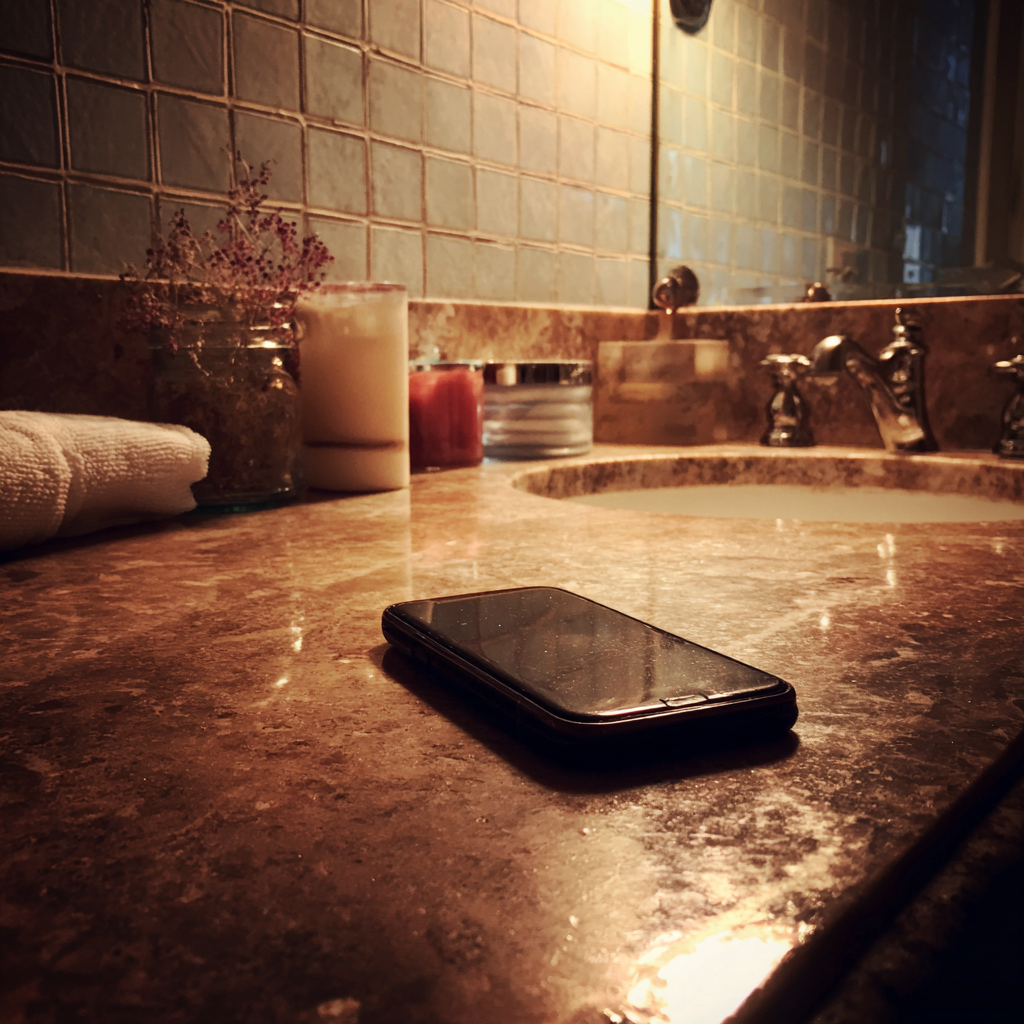 Un téléphone portable sur le comptoir d'une salle de bain | Source : Midjourney