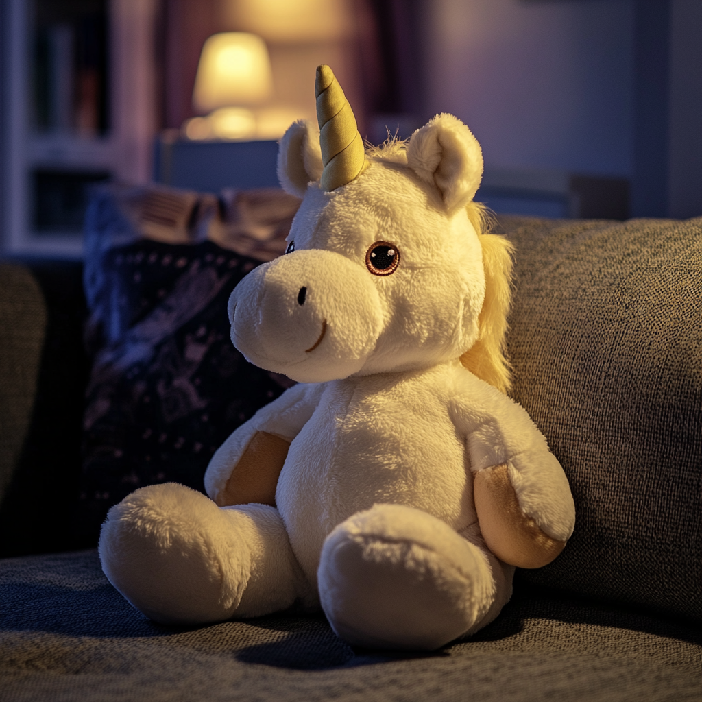 Une licorne en peluche sur un canapé | Source : Midjourney