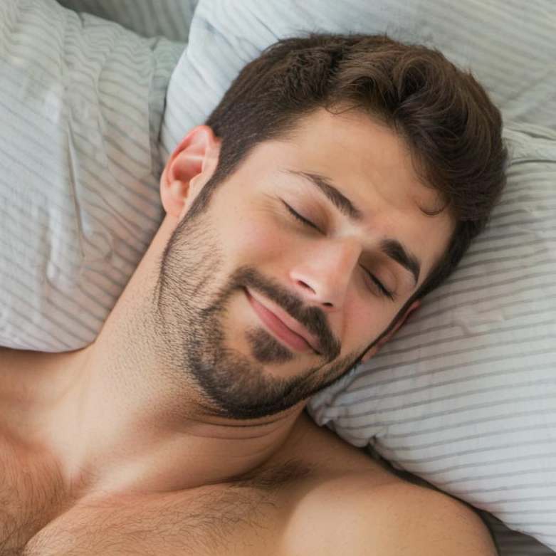 Un homme dans son lit qui sourit joyeusement | Source : Midjourney