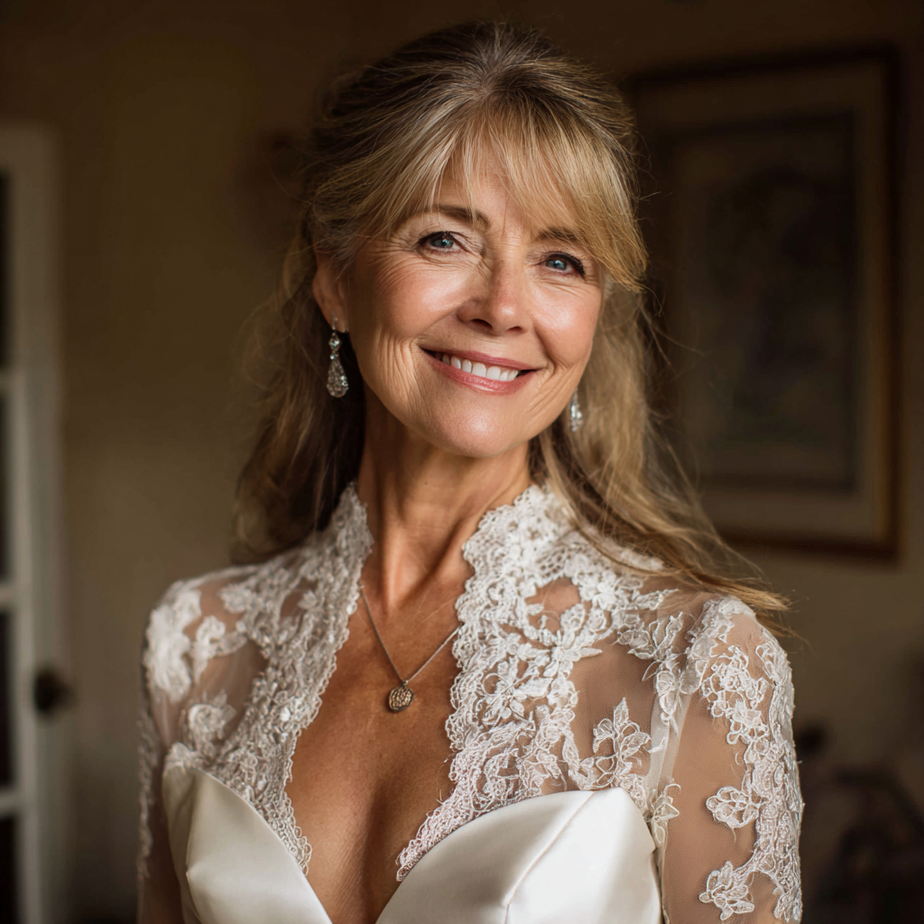 Une femme souriante portant une robe de mariée | Source : Midjourney