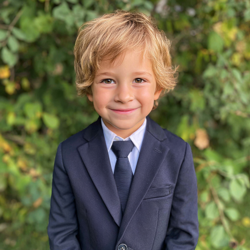 Un petit garçon souriant portant un costume bleu marine | Source : Midjourney