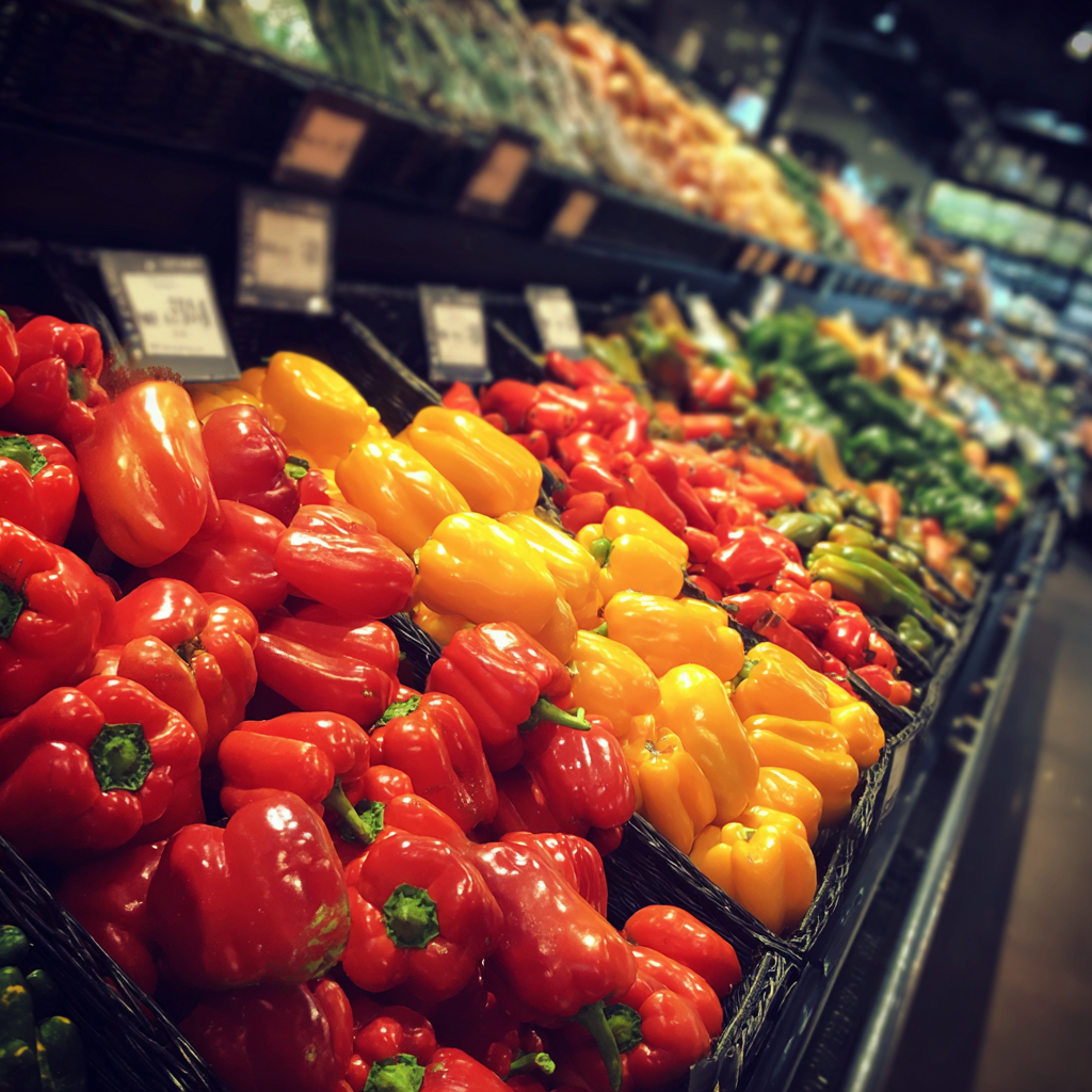 Présentoir de poivrons frais dans un magasin | Source : Midjourney