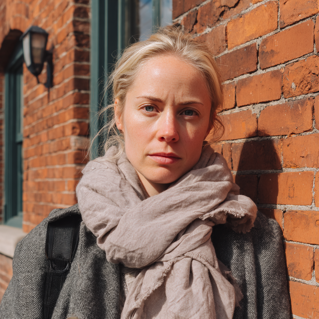 Une femme pensive se tenant à l'extérieur d'un bâtiment | Source : Midjourney