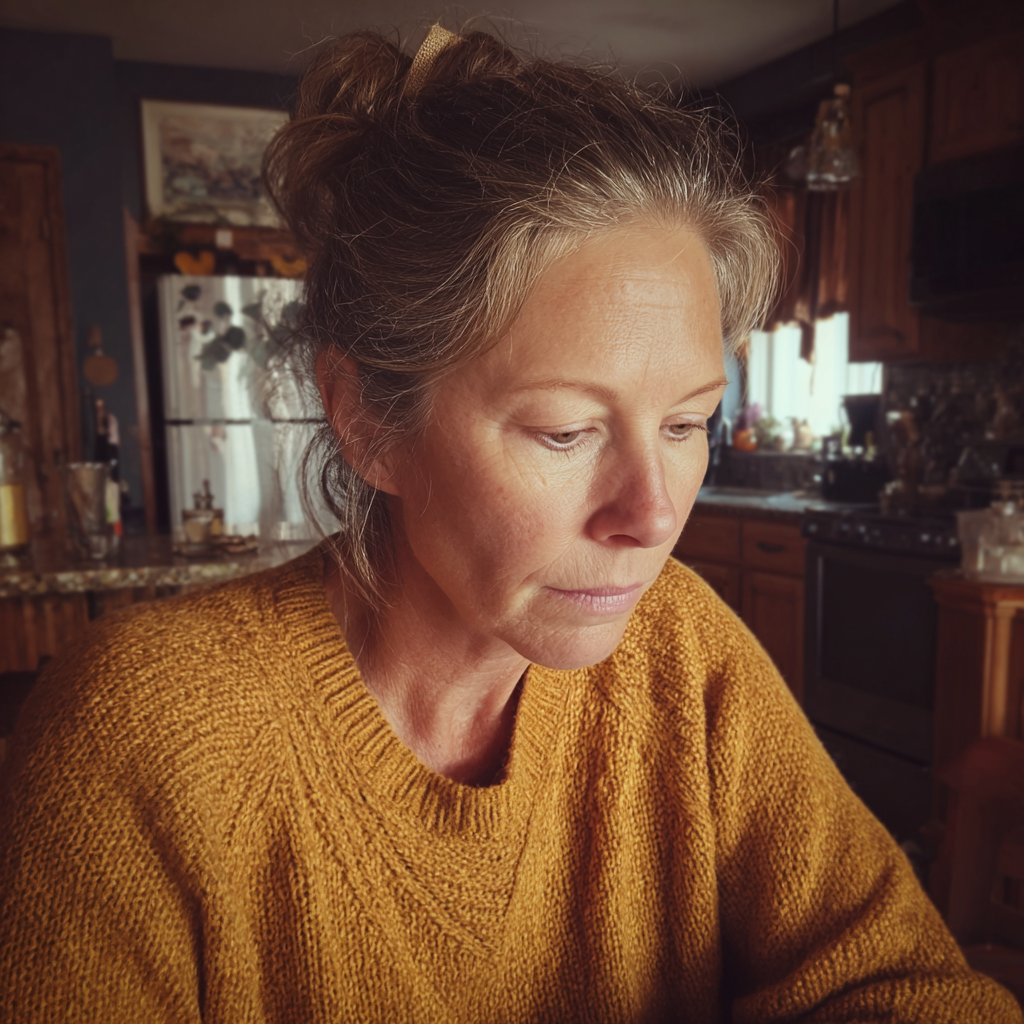 Une femme pensive assise à une table de cuisine et portant un maillot moutarde | Source : Midjourney