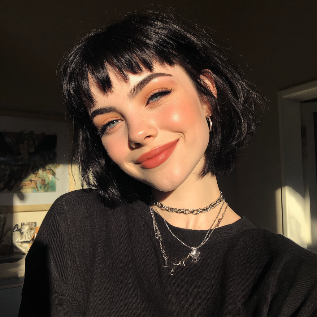 Une jeune femme souriante aux cheveux noirs courts | Source : Midjourney
