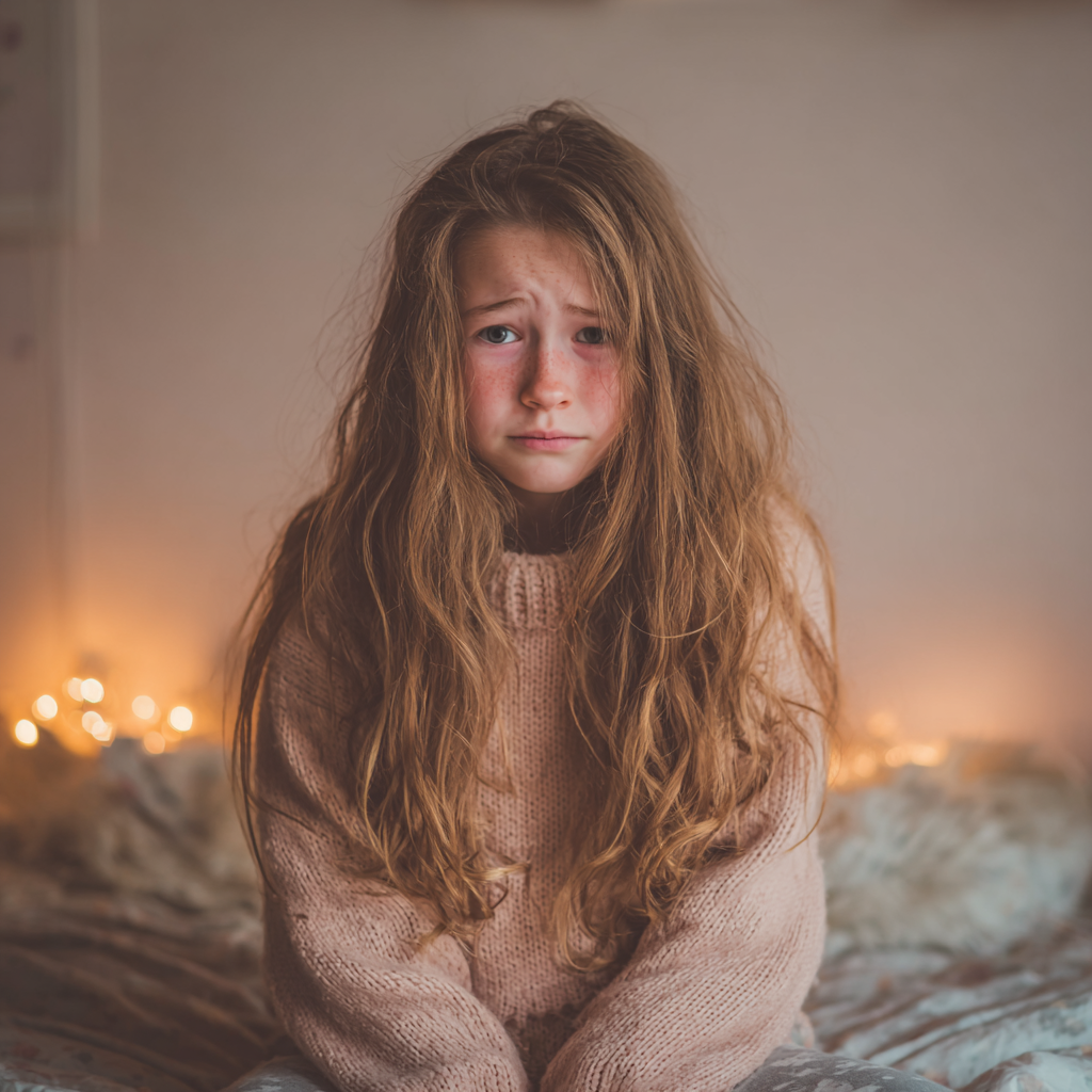 Une petite fille bouleversée assise sur un lit | Source : Midjourney