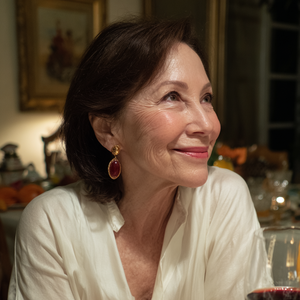 Une femme souriante assise à une table | Source : Midjourney