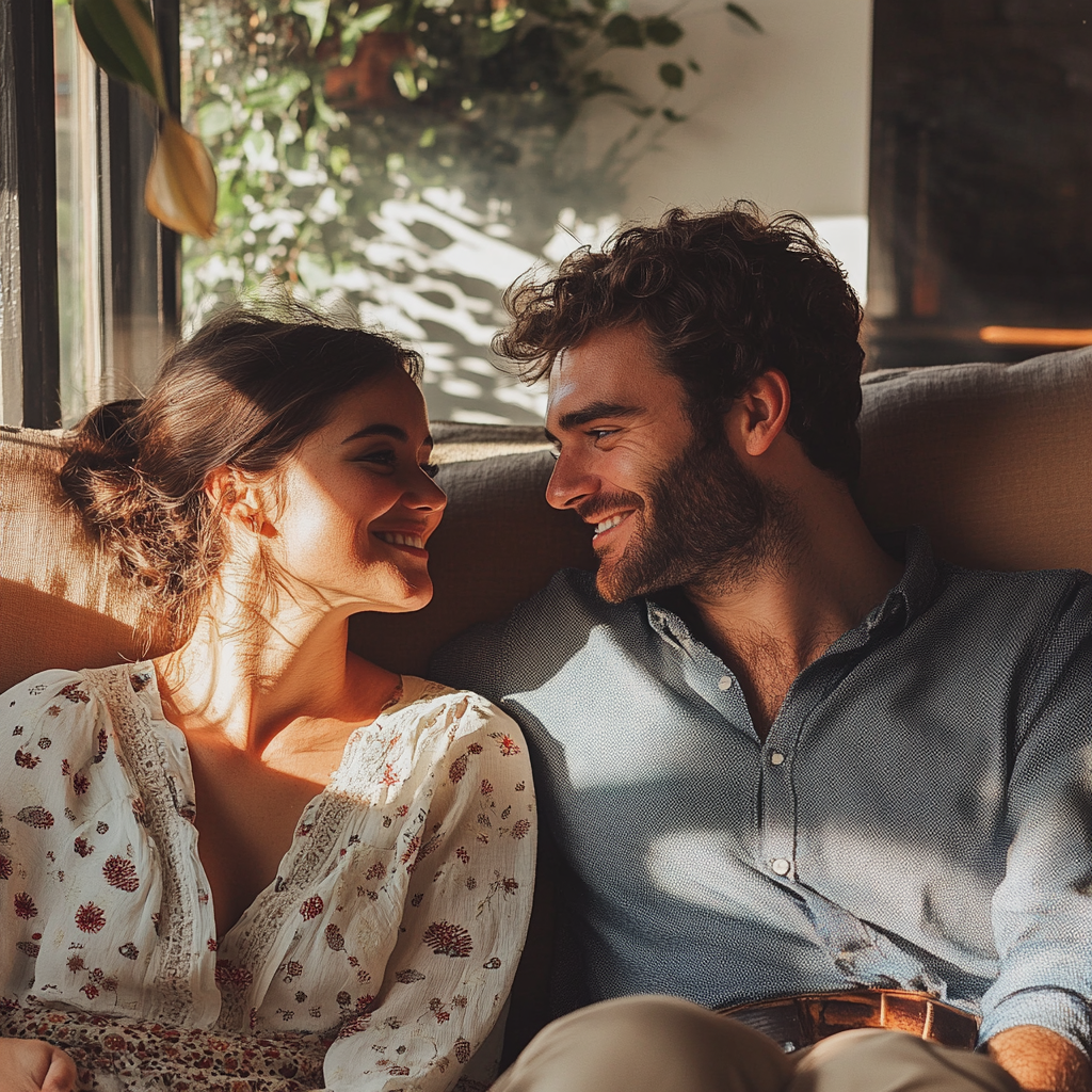 Un couple heureux discutant sur le canapé | Source : Midjourney
